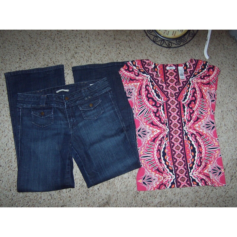 OUTFIT LOT GAP Ltd ed 10 STRETCH dark blue jeans LIZ & Co pink blouse top M Med